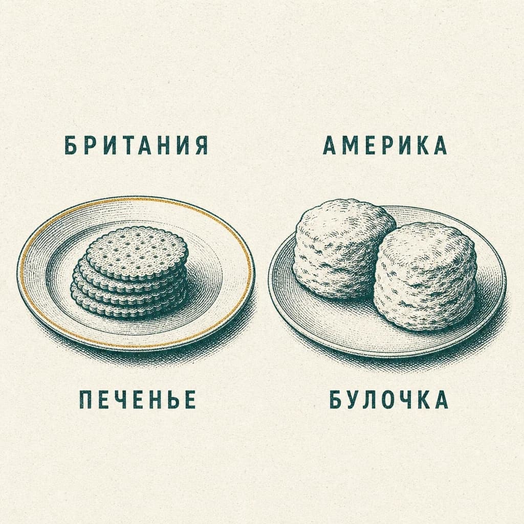 Гравюра: две тарелки; под британской подпись «Печенье» — тонкое круглое печенье, под американской «Булочка» — две мягкие круглые булочки