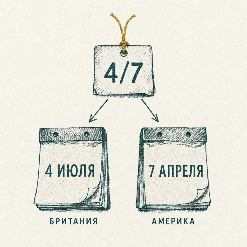 Гравюра: бирка с записью даты 4/7 и две стрелки к листкам календаря: в Британии это 4 июля, в Америке 7 апреля