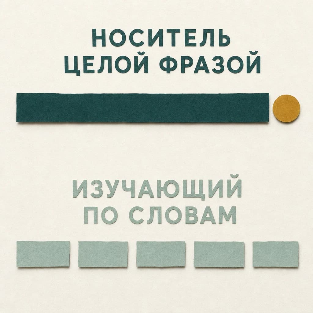 Две строки из резаной бумаги: сверху подписи «НОСИТЕЛЬ» и «ЦЕЛОЙ ФРАЗОЙ» над одной сплошной тёмно-зелёной полосой с латунным кружком на конце, снизу подписи «ИЗУЧАЮЩИЙ» и «ПО СЛОВАМ» над пятью отдельными светло-зелёными прямоугольниками с промежутками