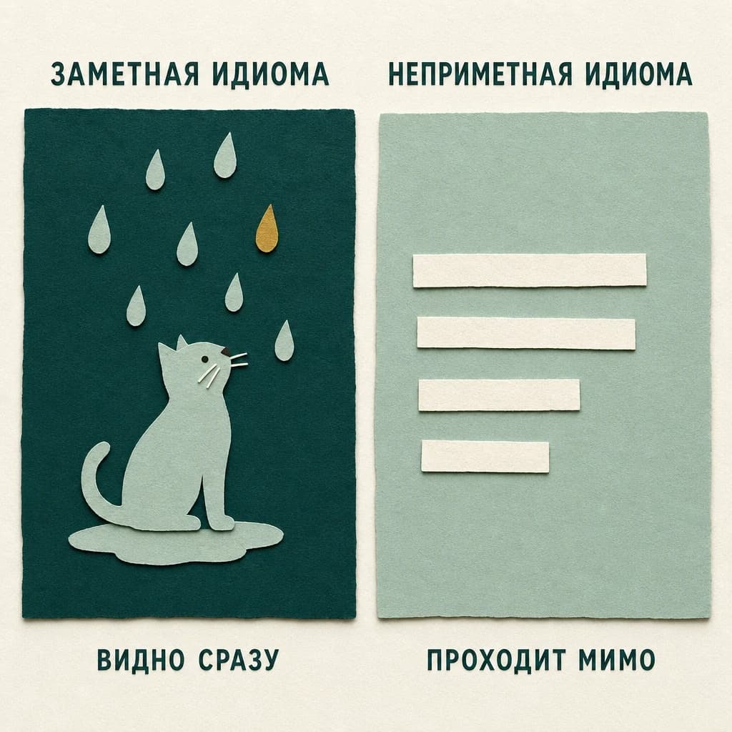 Две бумажные карточки рядом: слева под подписями «ЗАМЕТНАЯ ИДИОМА» и «ВИДНО СРАЗУ» кошка под дождём с одной латунной каплей, справа под подписями «НЕПРИМЕТНАЯ ИДИОМА» и «ПРОХОДИТ МИМО» ни одной картинки, только четыре бумажные полоски вместо строк текста