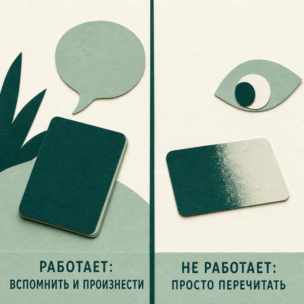 Аппликация: слева карточка и облако речи — работает вспомнить и произнести, справа карточка и глаз — не работает просто перечитать