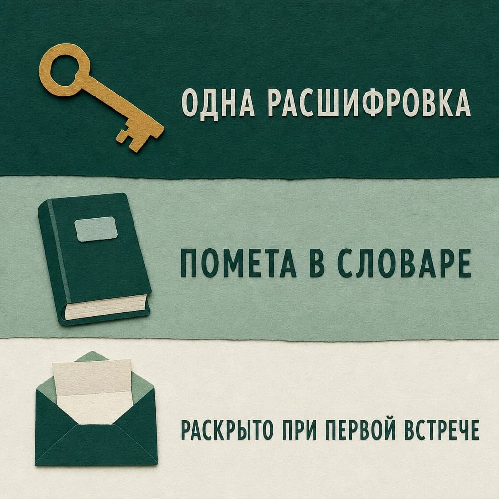 Аппликация «Три условия»: три бумажные полосы одна под другой — ключ и подпись «ОДНА РАСШИФРОВКА», словарь и подпись «ПОМЕТА В СЛОВАРЕ», раскрытый конверт с вынутым письмом и подпись «РАСКРЫТО ПРИ ПЕРВОЙ ВСТРЕЧЕ»