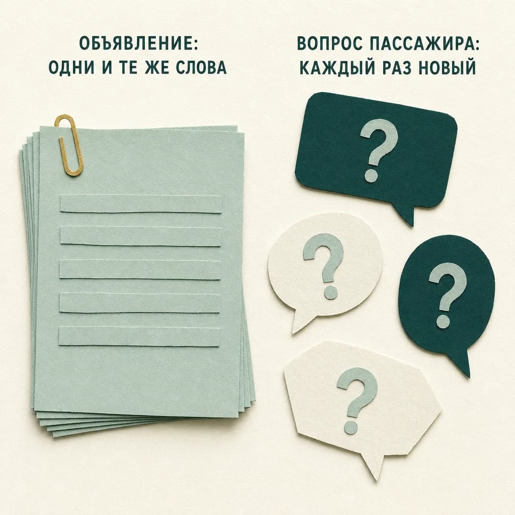 Аппликация: слева стопка одинаковых карточек с подписью «Объявление: одни и те же слова», справа облачка разной формы со знаками вопроса и подписью «Вопрос пассажира: каждый раз новый»
