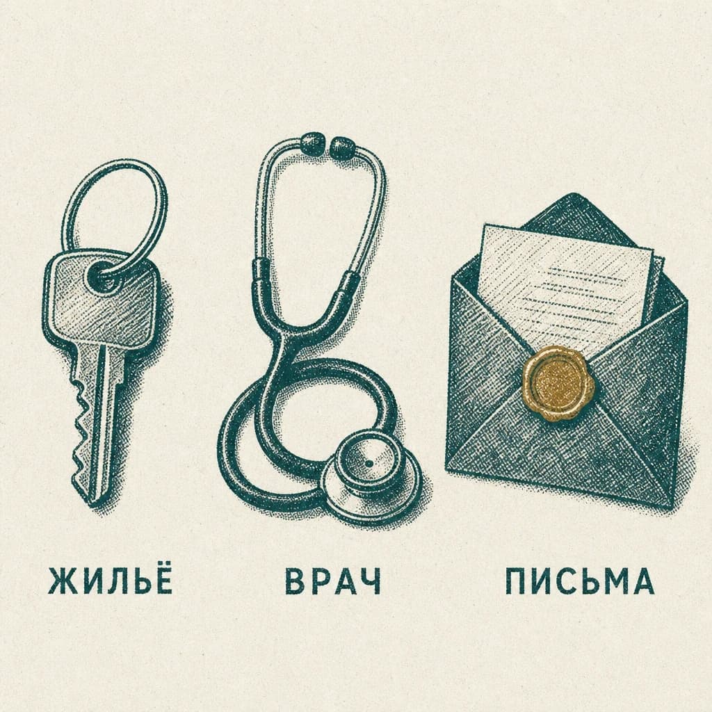 Гравюра: ключ от квартиры, стетоскоп и конверт с письмом, подписи «ЖИЛЬЁ», «ВРАЧ», «ПИСЬМА»