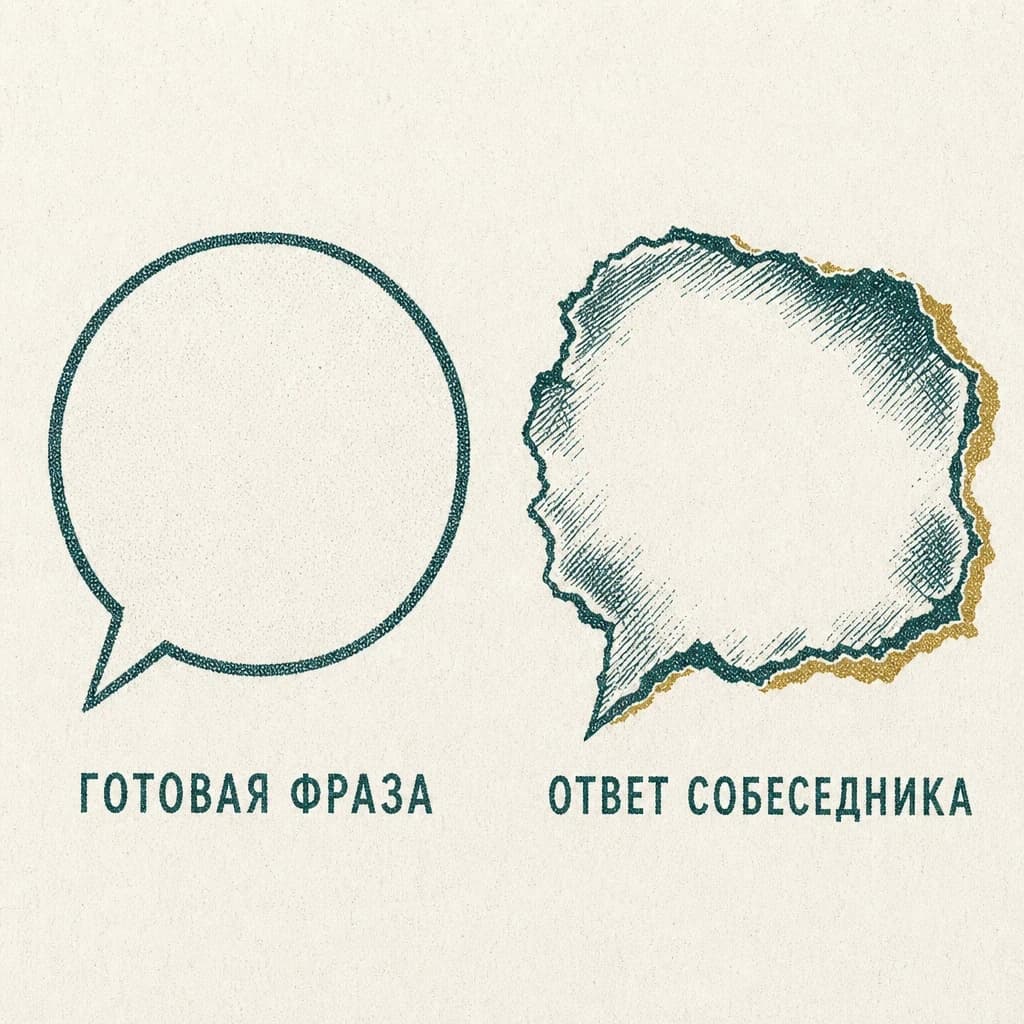 Гравюра: два речевых облачка, ровное с подписью «ГОТОВАЯ ФРАЗА» и рваное с подписью «ОТВЕТ СОБЕСЕДНИКА»