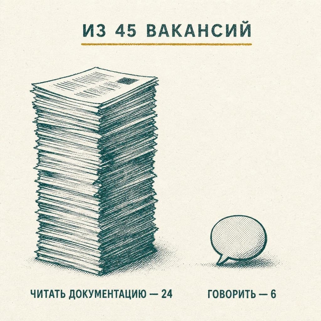 Гравюра: высокая стопка листов документации с подписью «Читать документацию — 24» и маленькое облачко реплики с подписью «Говорить — 6», сверху «Из 45 вакансий»