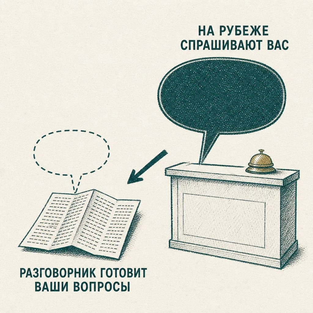 Слева разговорник с пустым облачком реплики, справа облачко вопроса от стойки аэропорта: спрашивают первыми не вас