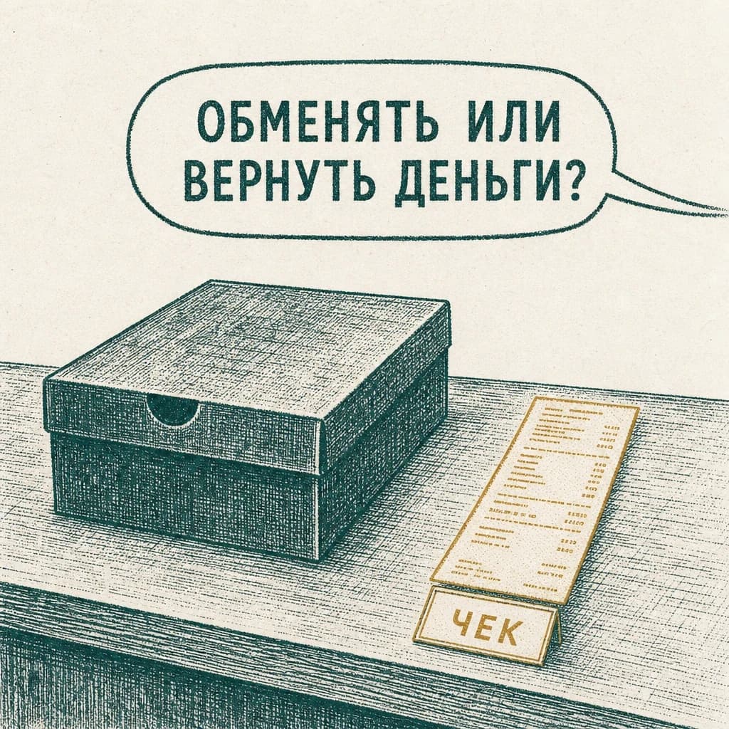 Гравюра: на прилавке коробка с обувью и чек, сверху вопрос продавца «Обменять или вернуть деньги?»