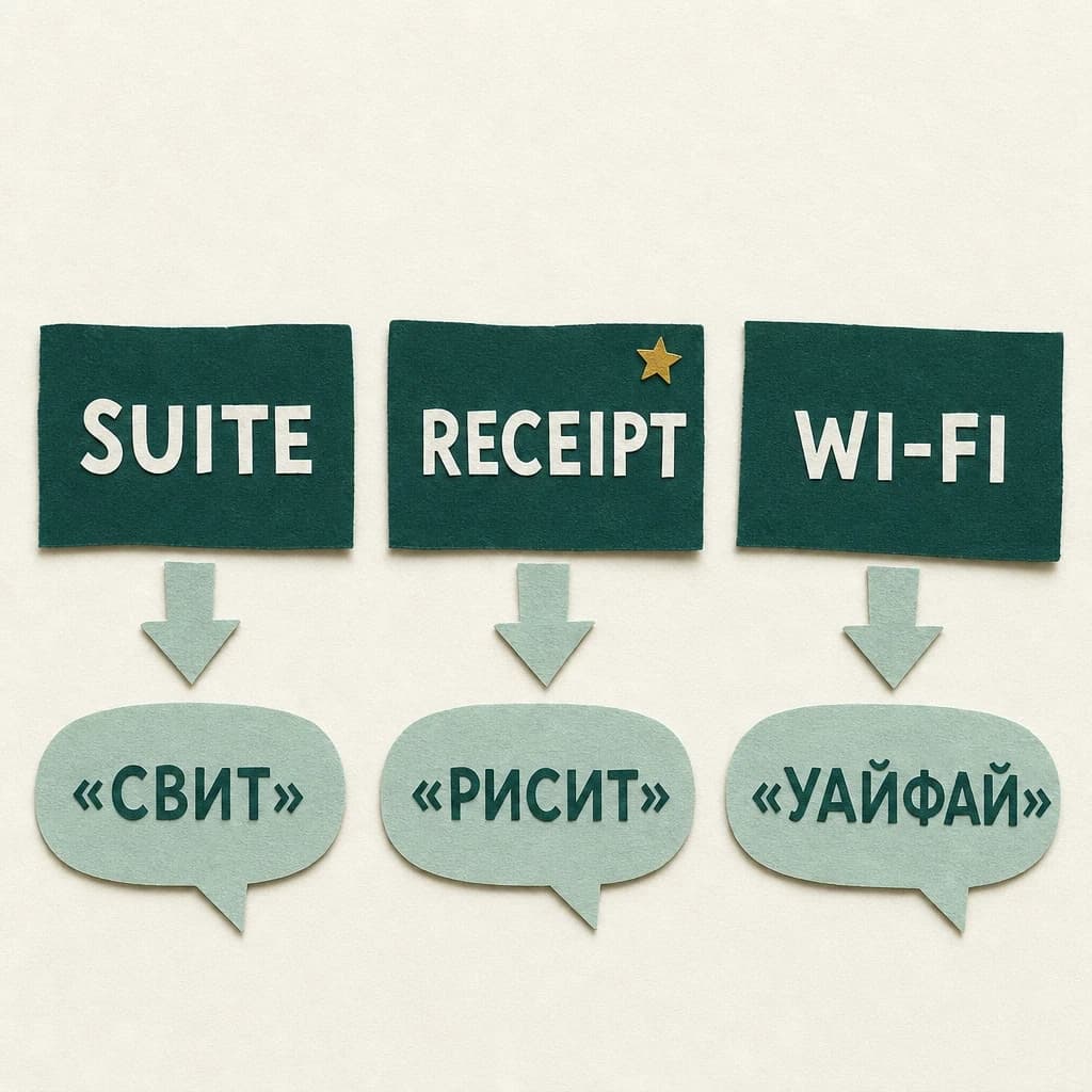 Аппликация: три карточки со словами suite, receipt и Wi-Fi и под ними облачка с тем, как они звучат: «свит», «рисит», «уайфай»