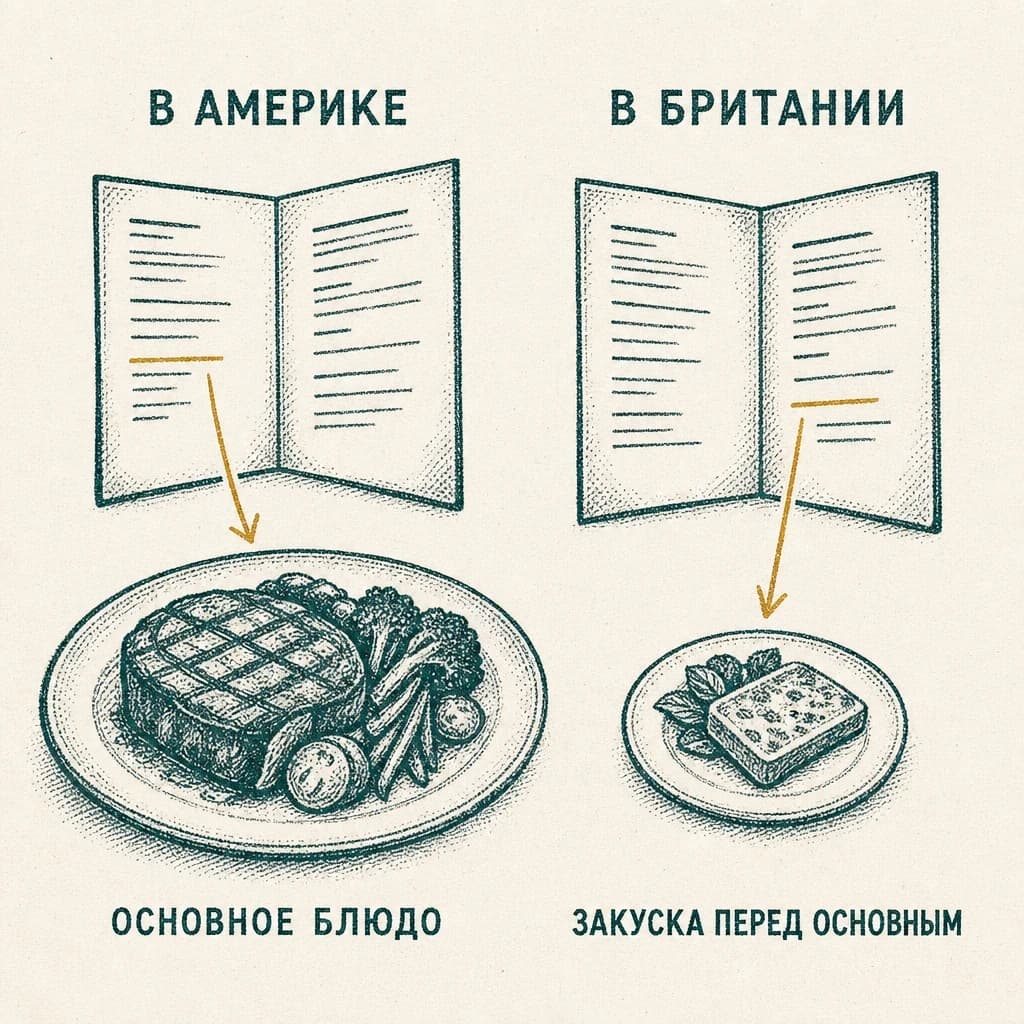 Гравюра: два меню с подписями «В Америке» и «В Британии», одна и та же строка ведёт к большой тарелке с основным блюдом и к маленькой тарелке с закуской