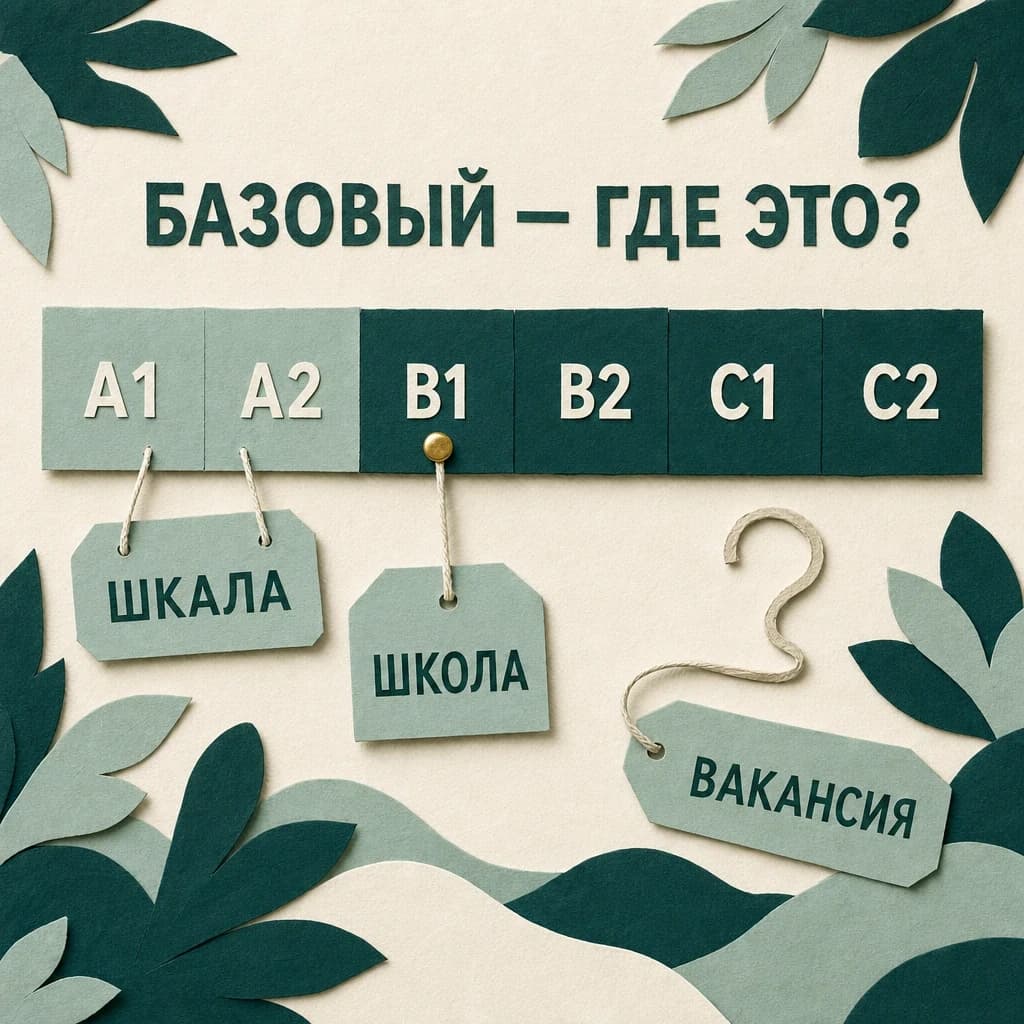 Аппликация «Базовый — где это?»: полоска из шести ступеней от A1 до C2, бирка «Шкала» висит на A1 и A2, бирка «Школа» приколота к B1, бирка «Вакансия» ни к чему не прикреплена