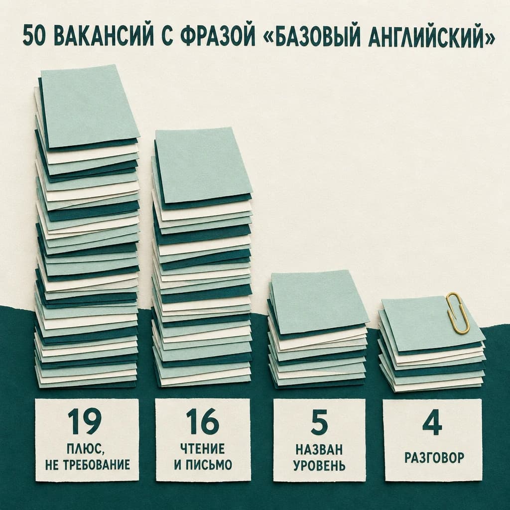 Аппликация «50 вакансий с фразой «базовый английский»»: четыре стопки бумажных карточек — 19 «плюс, не требование», 16 «чтение и письмо», 5 «назван уровень», 4 «разговор»
