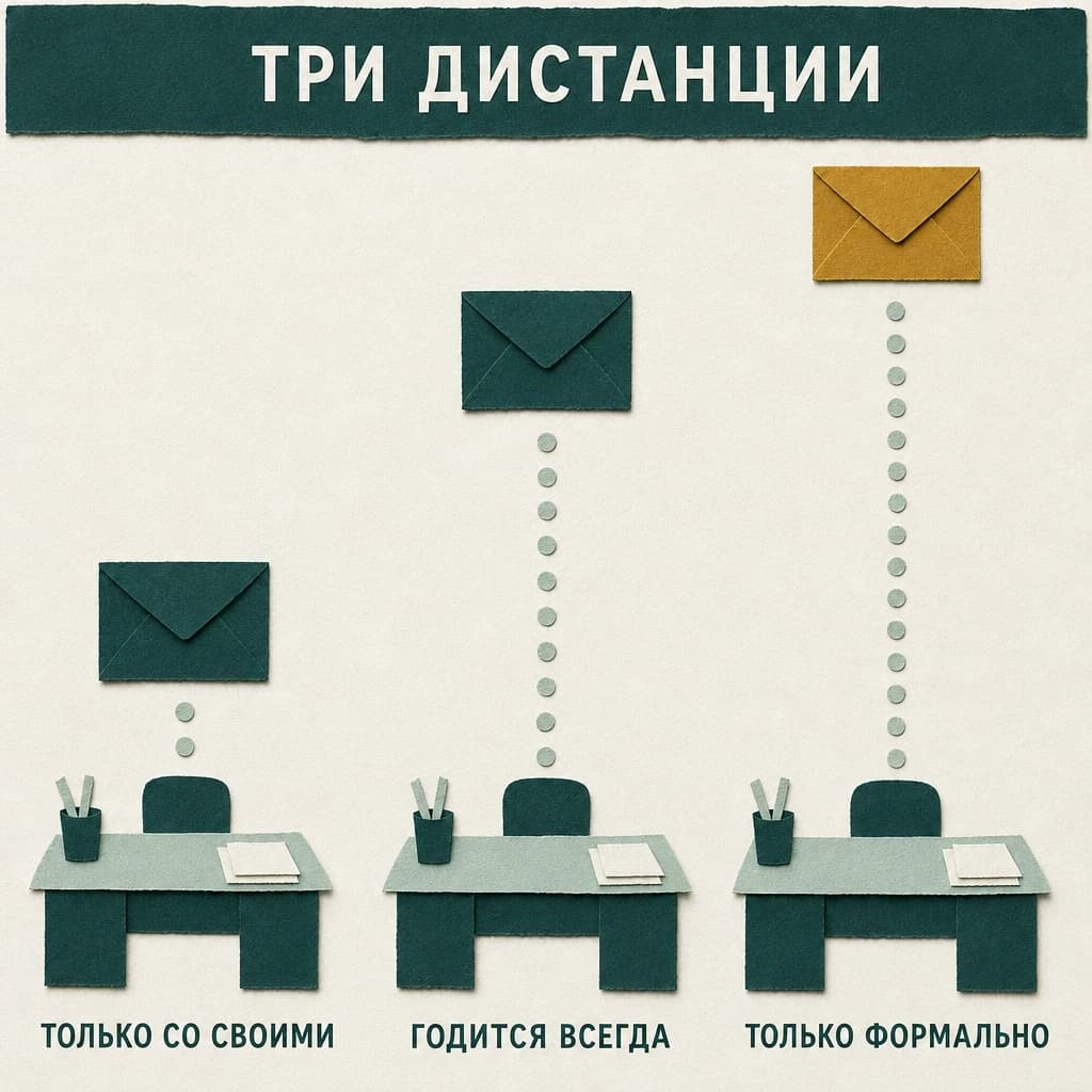 Аппликация «Три дистанции»: три письменных стола, над каждым конверт на своей высоте — «Только со своими», «Годится всегда», «Только формально»