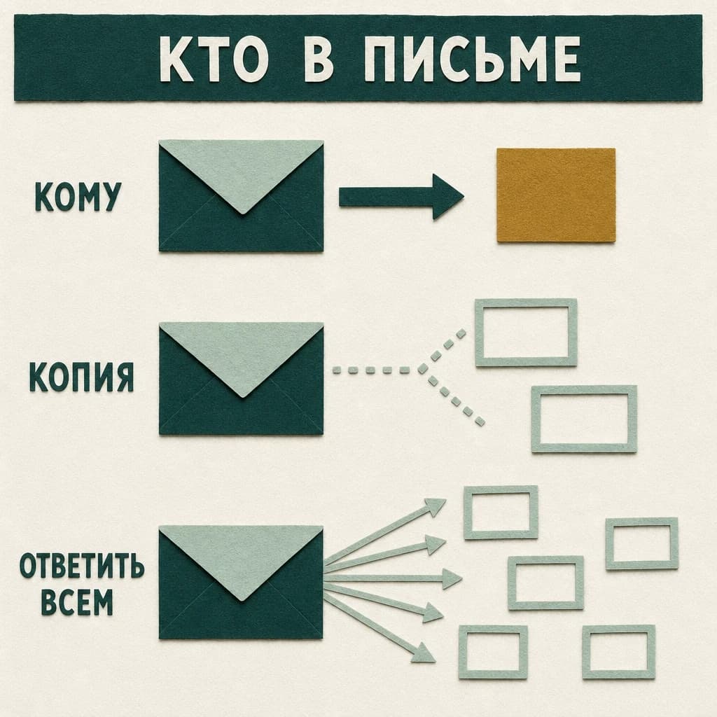 Аппликация «Кто в письме»: конверт со стрелкой к одному адресату — «Кому», пунктир к двум пустым карточкам — «Копия», веер стрелок к семи карточкам — «Ответить всем»