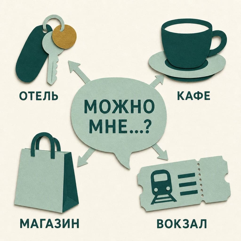 Аппликация: облачко реплики «Можно мне…?» соединено стрелками с ключом от номера, чашкой кофе, пакетом для покупок и билетом на поезд