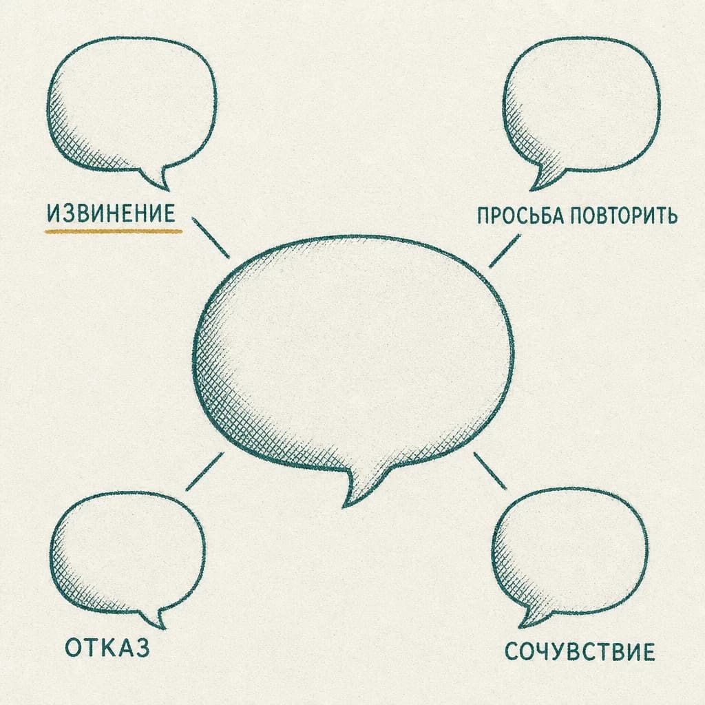 Гравюра: большое облачко реплики в центре соединено с четырьмя малыми с подписями «Извинение», «Просьба повторить», «Отказ», «Сочувствие»