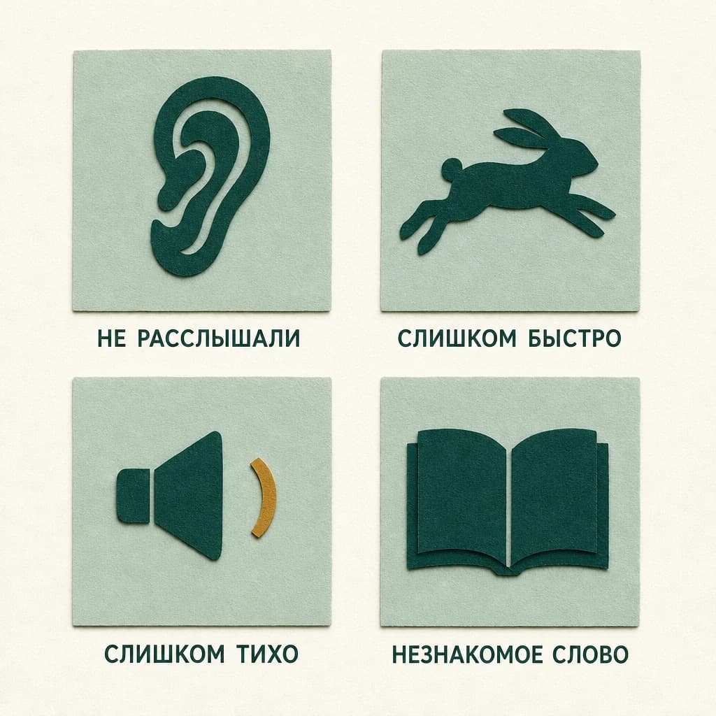 Аппликация: четыре карточки со знаками уха, зайца, динамика и книги и подписями «Не расслышали», «Слишком быстро», «Слишком тихо», «Незнакомое слово»