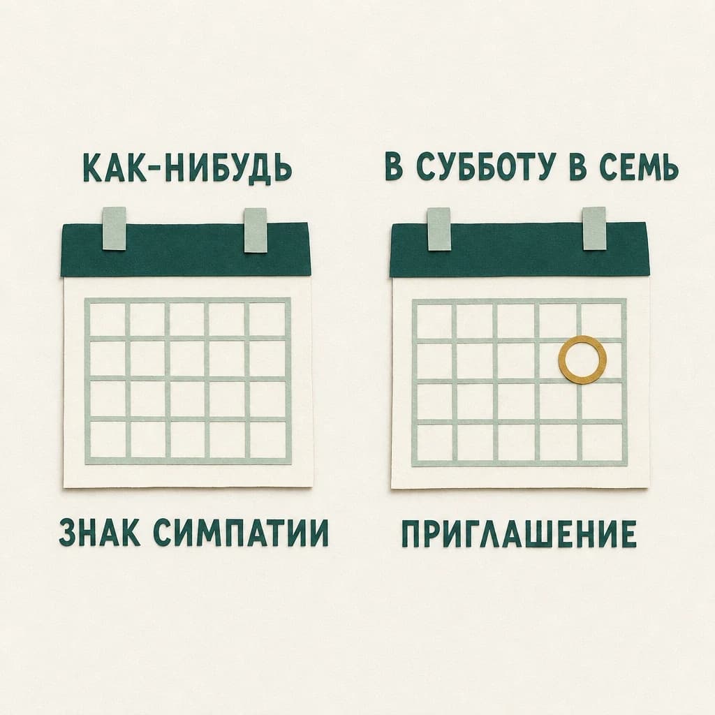 Аппликация: пустой листок календаря с подписями «Как-нибудь» и «Знак симпатии» рядом с листком, где обведён один день, с подписями «В субботу в семь» и «Приглашение»