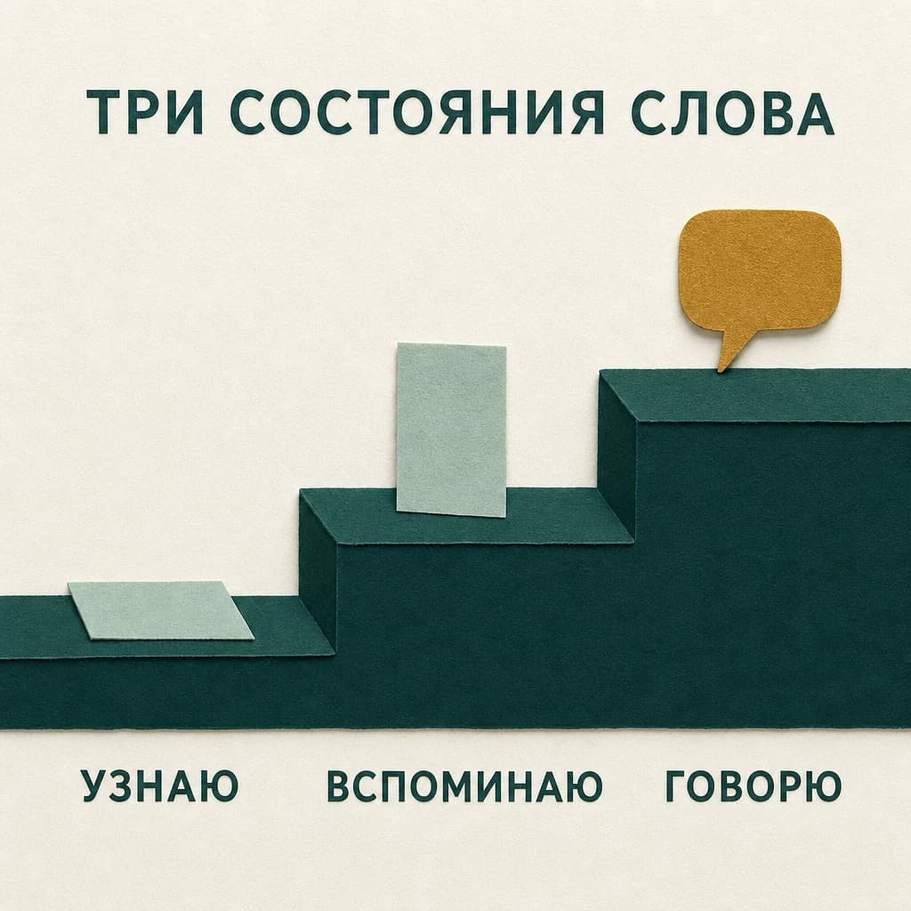 Аппликация под заголовком «ТРИ СОСТОЯНИЯ СЛОВА»: три бумажные ступени, идущие вверх слева направо, с подписями снизу «УЗНАЮ», «ВСПОМИНАЮ», «ГОВОРЮ»; на первой ступени светло-зелёная карточка лежит плашмя, на второй та же карточка стоит на ребре, на третьей она превратилась в латунное облачко реплики