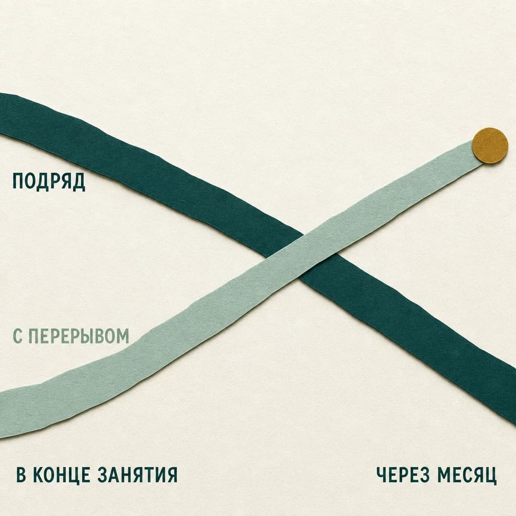 Аппликация: две бумажные ленты пересекаются крестом, тёмно-зелёная «ПОДРЯД» идёт слева сверху вниз направо, светло-зелёная «С ПЕРЕРЫВОМ» — слева снизу вверх направо и заканчивается латунным кружком; подписи по нижнему краю «В КОНЦЕ ЗАНЯТИЯ» слева и «ЧЕРЕЗ МЕСЯЦ» справа