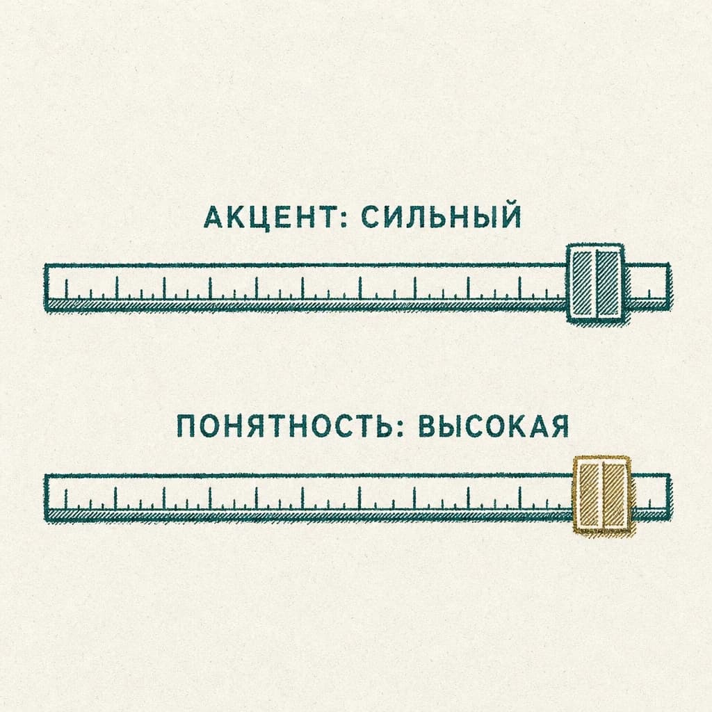 Гравюра: две шкалы, у обеих бегунок у правого края, подписи «Акцент: сильный» и «Понятность: высокая»