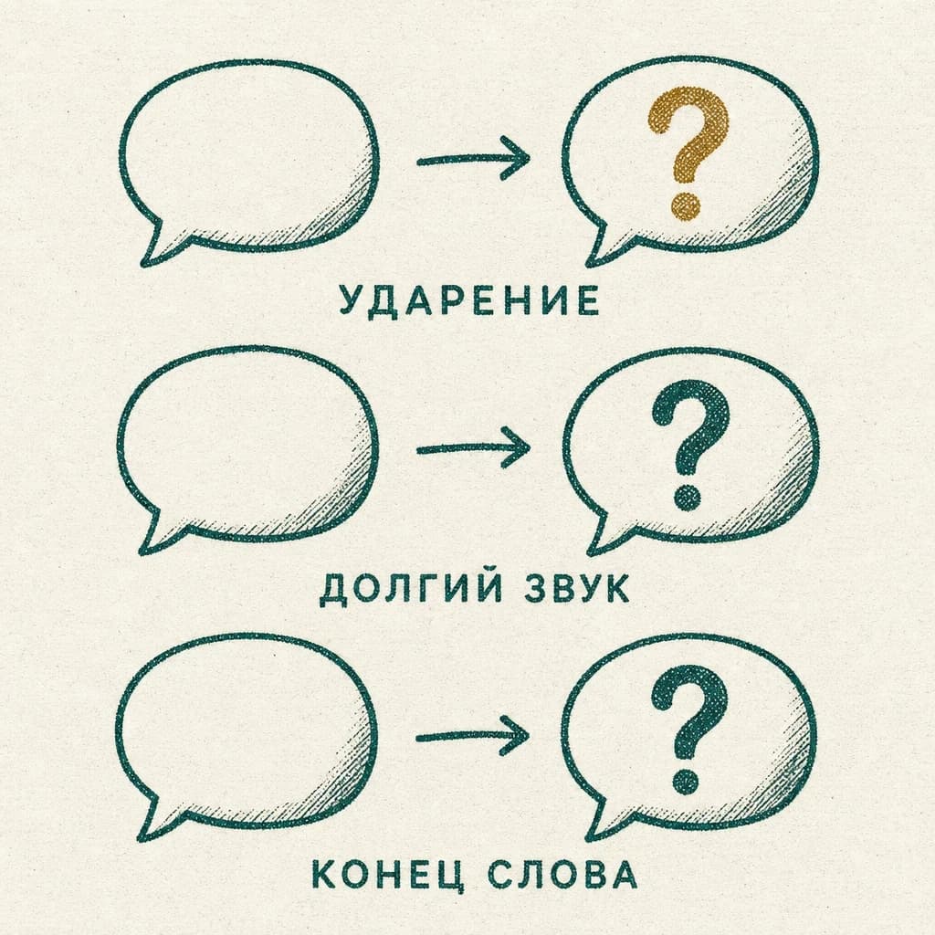 Гравюра: три строки, в каждой облачко реплики со стрелкой к облачку с вопросительным знаком, подписи «Ударение», «Долгий звук», «Конец слова»