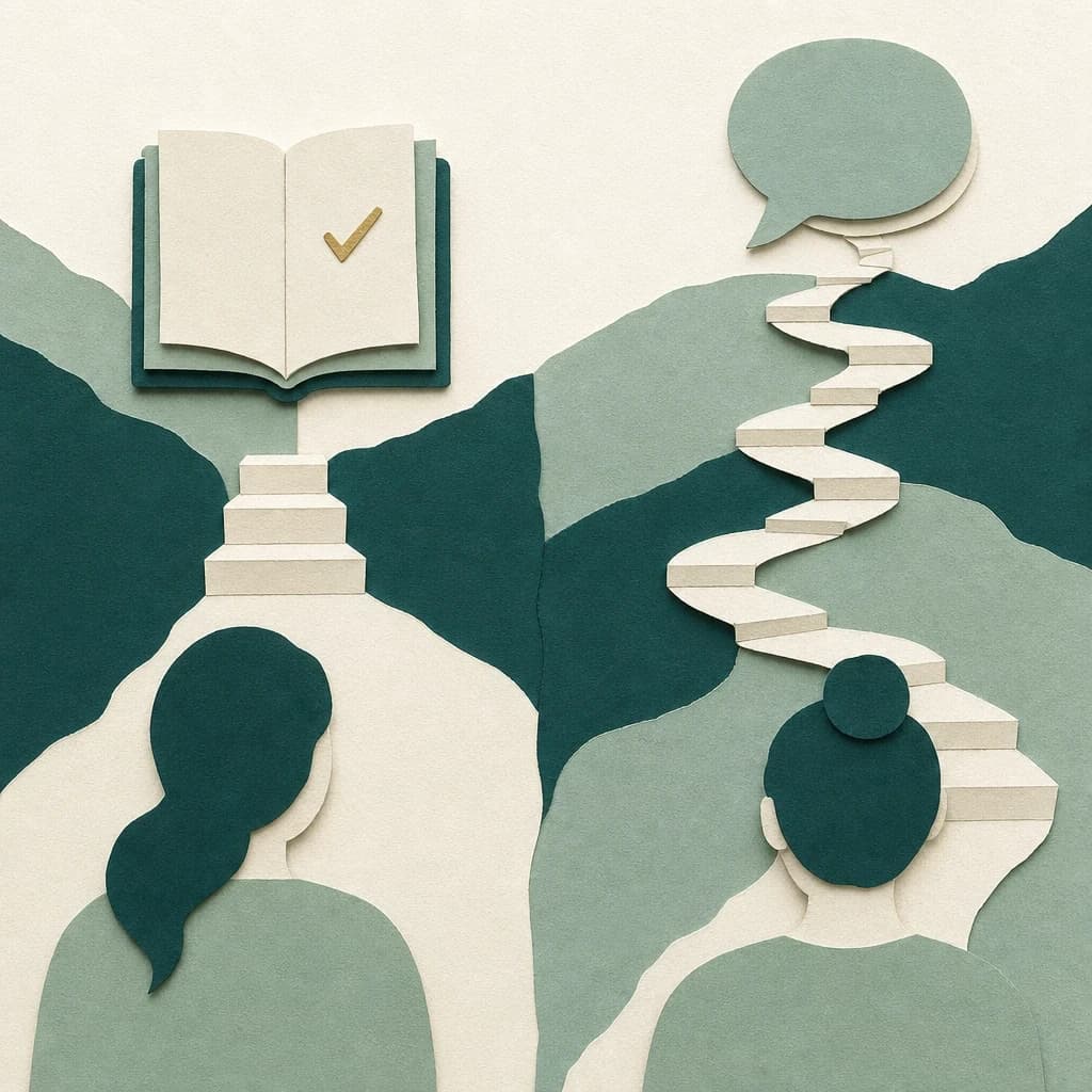 Аппликация: к раскрытой книге с галочкой ведёт короткая лестница, к речевому облачку — длинная извилистая