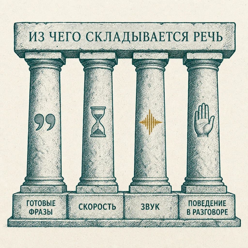 Четыре каменные колонны держат одну балку: готовые фразы, скорость, звук и поведение в разговоре — из чего складывается речь