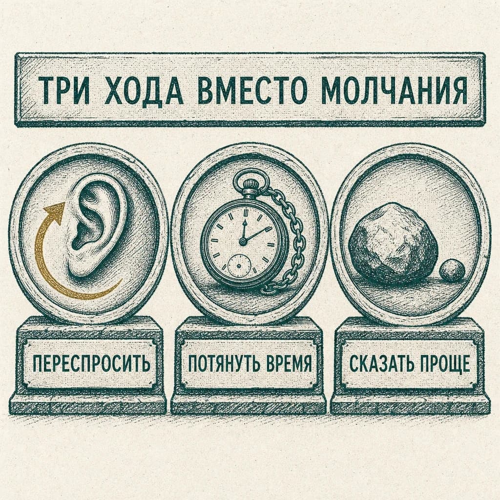 Три медальона с подписями «Переспросить», «Потянуть время», «Сказать проще» — три хода вместо молчания в разговоре