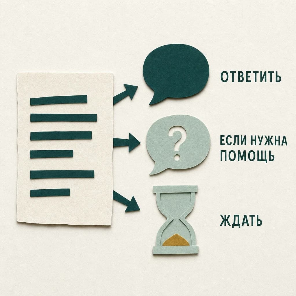 Аппликация: от листа письма три стрелки к облачку реплики, облачку с вопросительным знаком и песочным часам с подписями «Ответить», «Если нужна помощь», «Ждать»