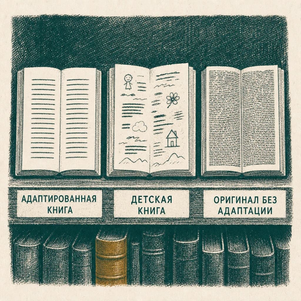 Гравюра: три книги на полке — адаптированная с ровными строками, детская с рисунками, оригинал с плотным текстом