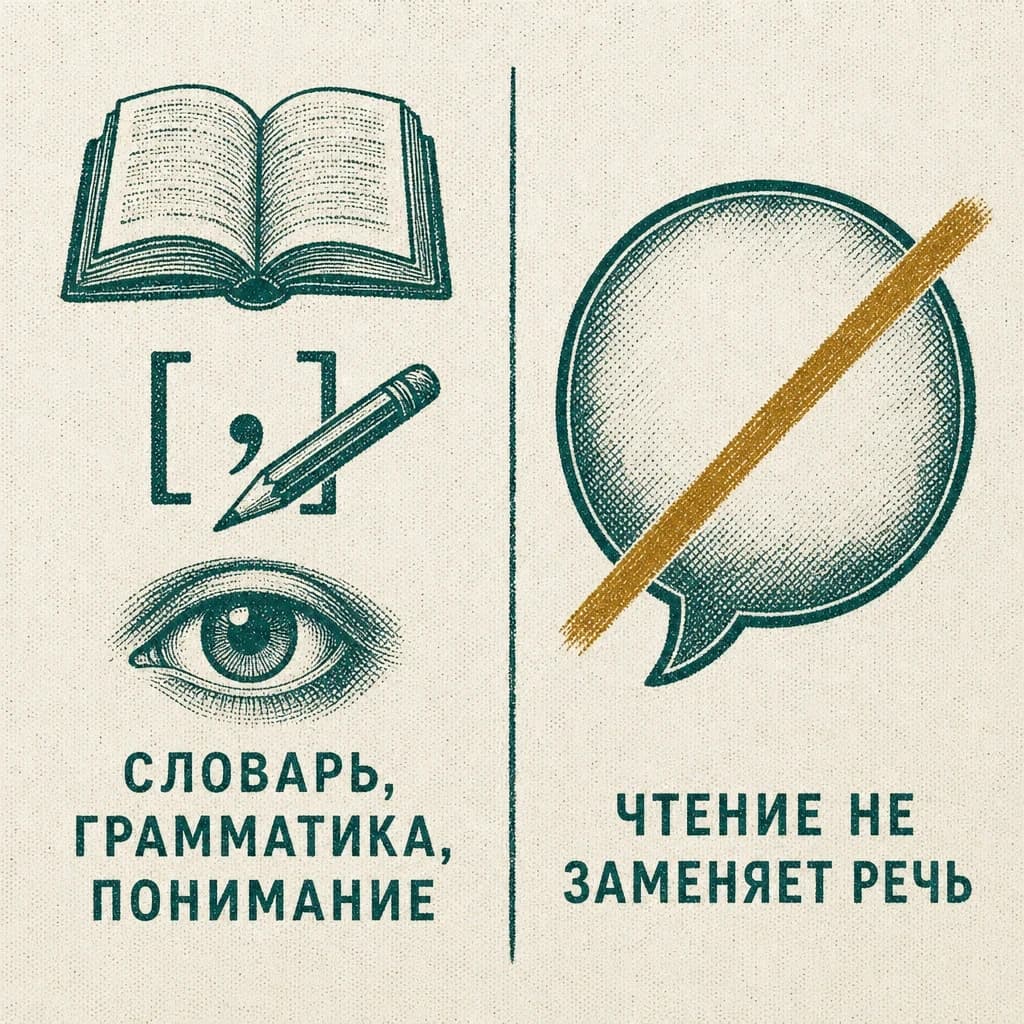 Гравюра: слева книга, карандаш и глаз — словарь, грамматика, понимание; справа зачёркнутый значок речи — чтение не заменяет речь
