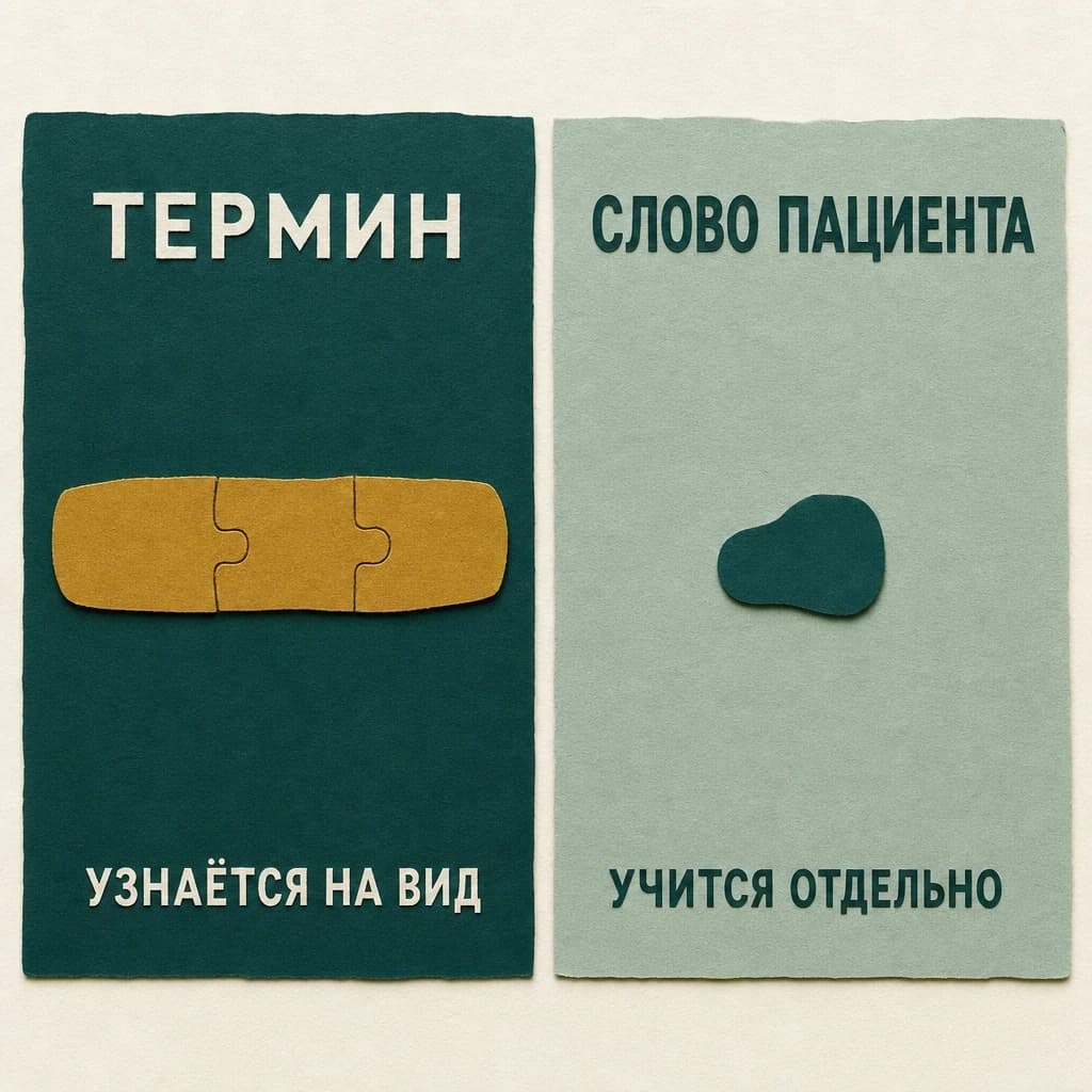 Две бумажные карточки рядом: слева тёмно-зелёная с подписями «ТЕРМИН» и «УЗНАЁТСЯ НА ВИД» и латунной фигурой из трёх сцепленных, как пазл, частей; справа светло-зелёная с подписями «СЛОВО ПАЦИЕНТА» и «УЧИТСЯ ОТДЕЛЬНО» и одной небольшой цельной фигурой