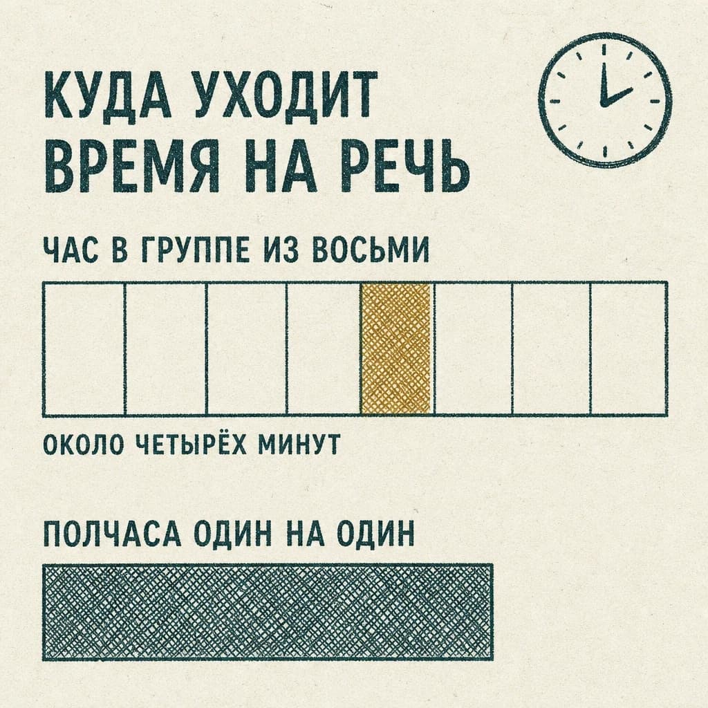 Схема «Куда уходит время на речь»: час в группе из восьми поделён на восемь долей, ваша — около четырёх минут; получас один на один закрашен целиком