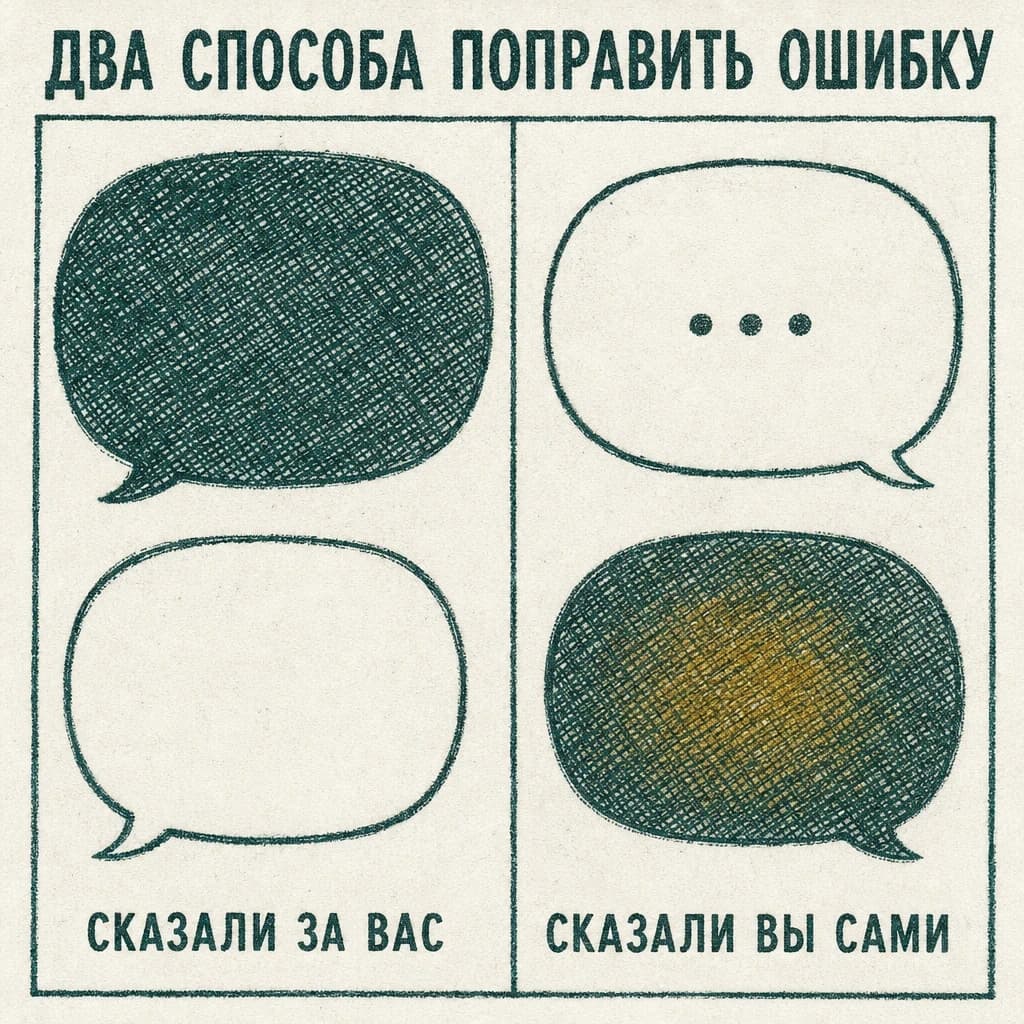 Схема «Два способа поправить ошибку»: слева правильную фразу произносит преподаватель, а ученик молчит; справа преподаватель только подталкивает, и фразу произносит ученик