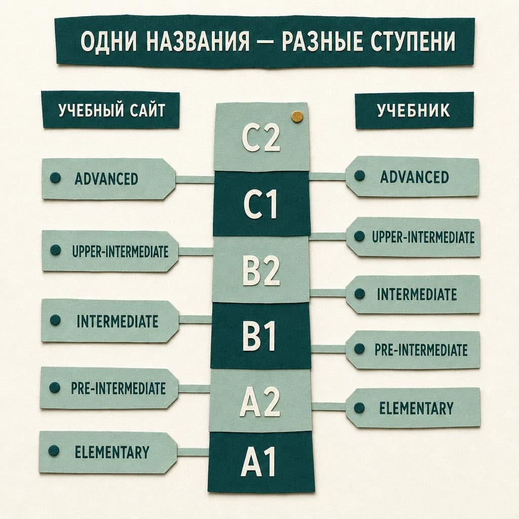 Аппликация «Одни названия — разные ступени»: в центре лестница ступеней от A1 до C2, слева бирки учебного сайта (Elementary на A1, Pre-intermediate на A2, Intermediate на B1), справа бирки учебника, где Elementary и Pre-intermediate стоят на ступень выше, а Intermediate — на полступени; Upper-intermediate и Advanced совпадают