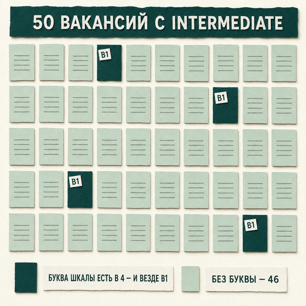 Аппликация «50 вакансий с Intermediate»: сетка из пятидесяти бумажных карточек, четыре тёмные с биркой B1 — букву шкалы поставили четыре работодателя, и везде B1; остальные сорок шесть без буквы