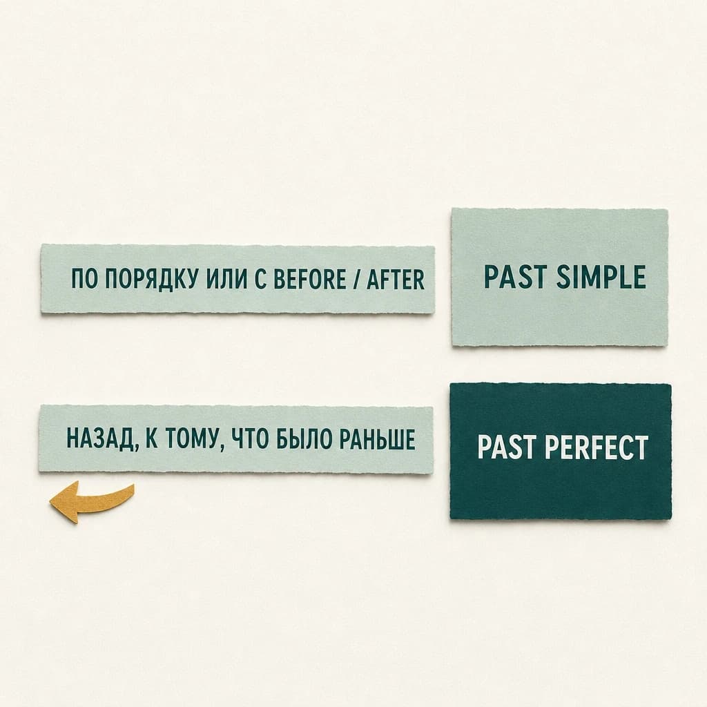 Аппликация: две строки карточек, «По порядку или с before / after» ведёт к Past Simple, «Назад, к тому, что было раньше» ведёт к Past Perfect