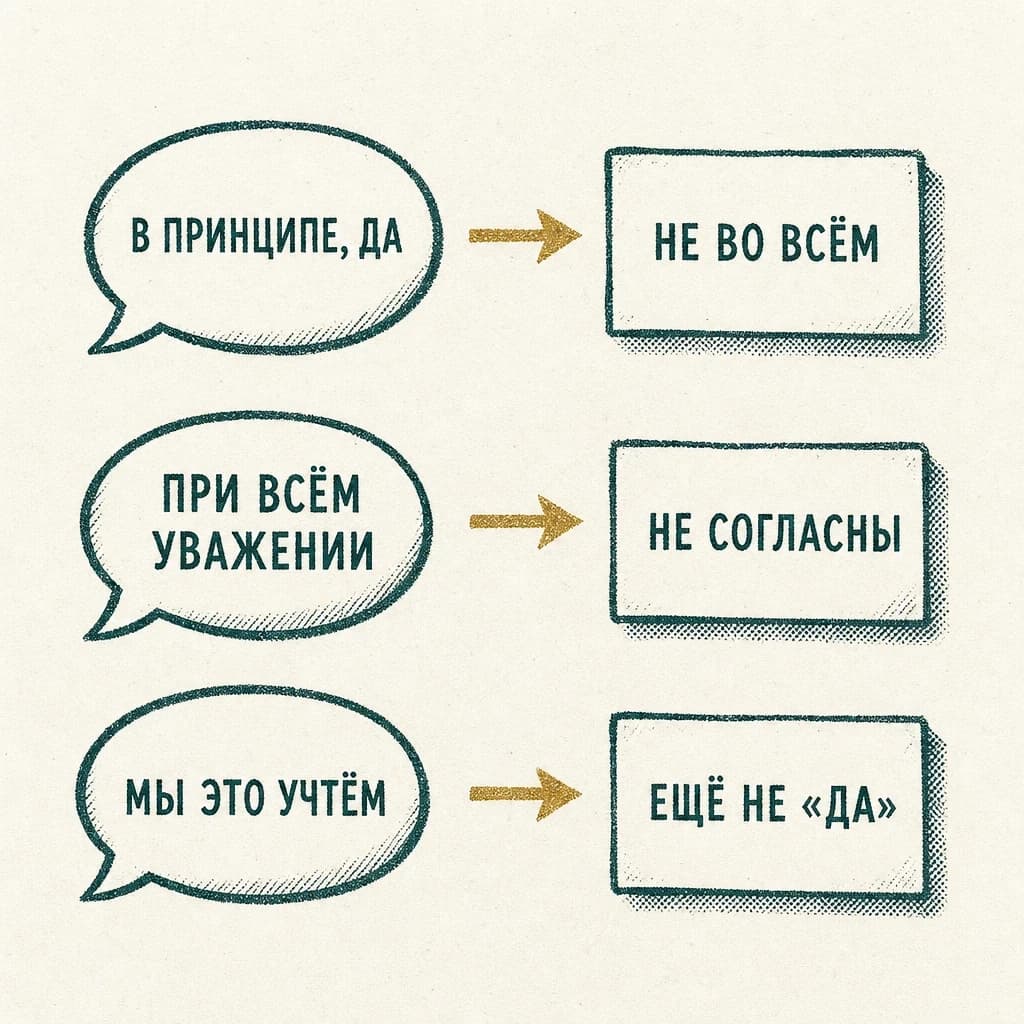 Гравюра: три вежливые фразы и что они значат — «в принципе, да» значит «не во всём», «при всём уважении» значит «не согласны», «мы это учтём» значит «ещё не да»