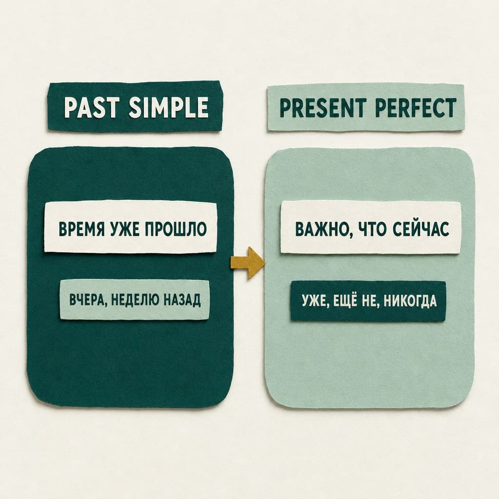 Аппликация: две карточки, Past Simple — «Время уже прошло: вчера, неделю назад», Present Perfect — «Важно, что сейчас: уже, ещё не, никогда»