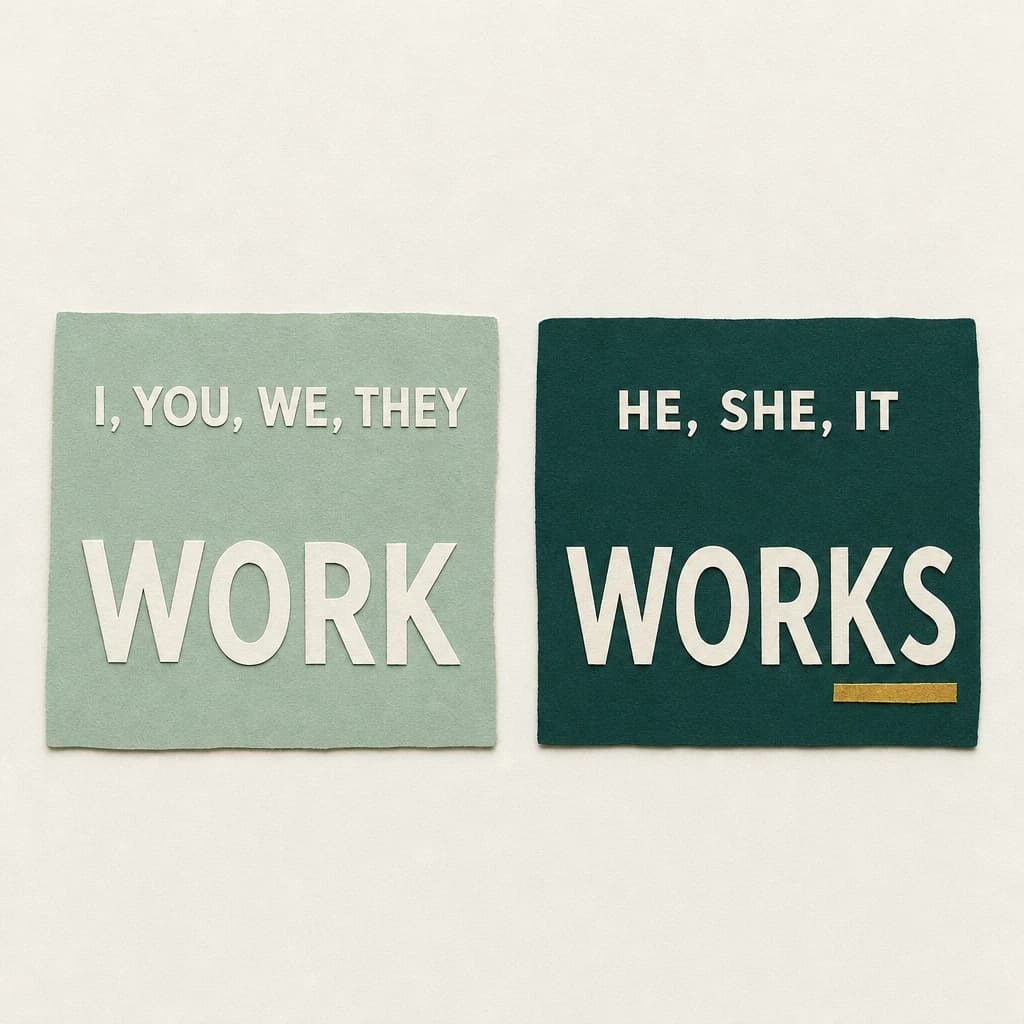 Аппликация: две бумажные карточки, «I, you, we, they — work» и «he, she, it — works», буква S подчёркнута