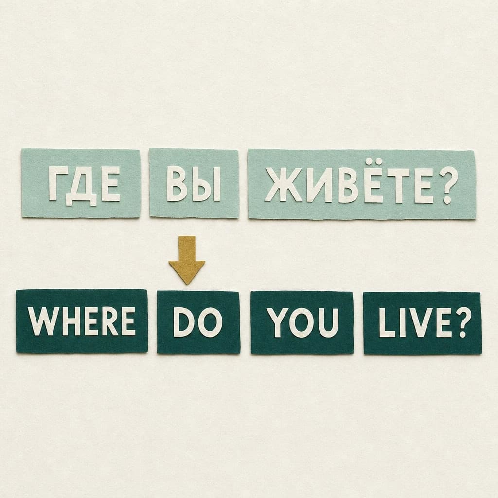 Аппликация: русская фраза «Где вы живёте?» из трёх бумажных плашек и английская Where do you live? из четырёх, стрелка указывает на лишнее do