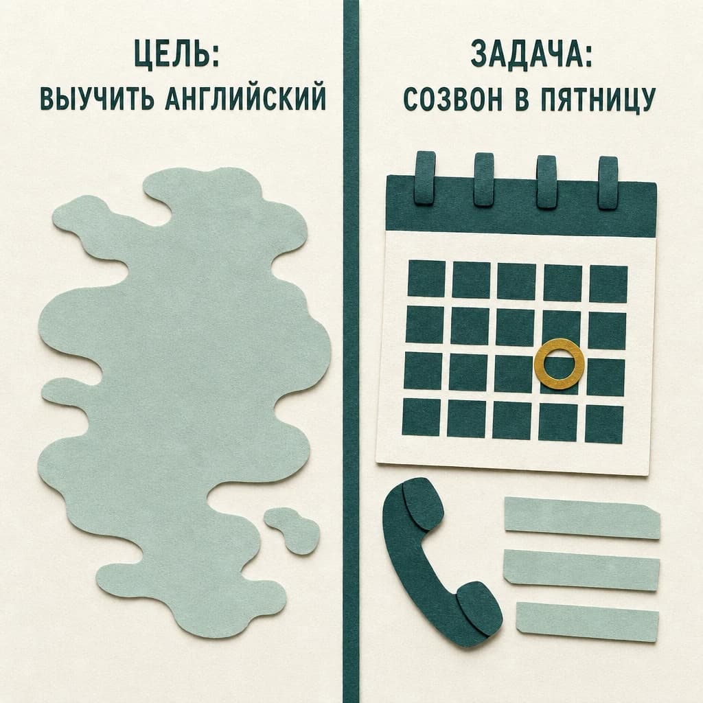 Аппликация: слева размытое облако «Цель: выучить английский», справа календарь с обведённым днём «Задача: созвон в пятницу»