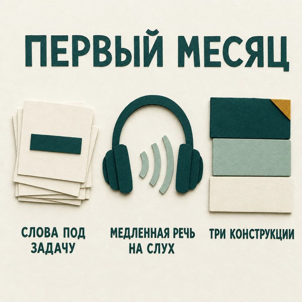 Аппликация «Первый месяц» из трёх частей: стопка карточек «Слова под задачу», наушники «Медленная речь на слух», три бумажных блока «Три конструкции»