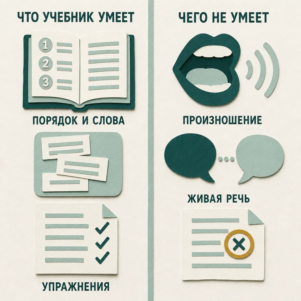 Две колонки из резаной бумаги: слева учебник умеет дать порядок и слова, упражнения; справа не умеет дать произношение, живую речь и разбор ваших ошибок