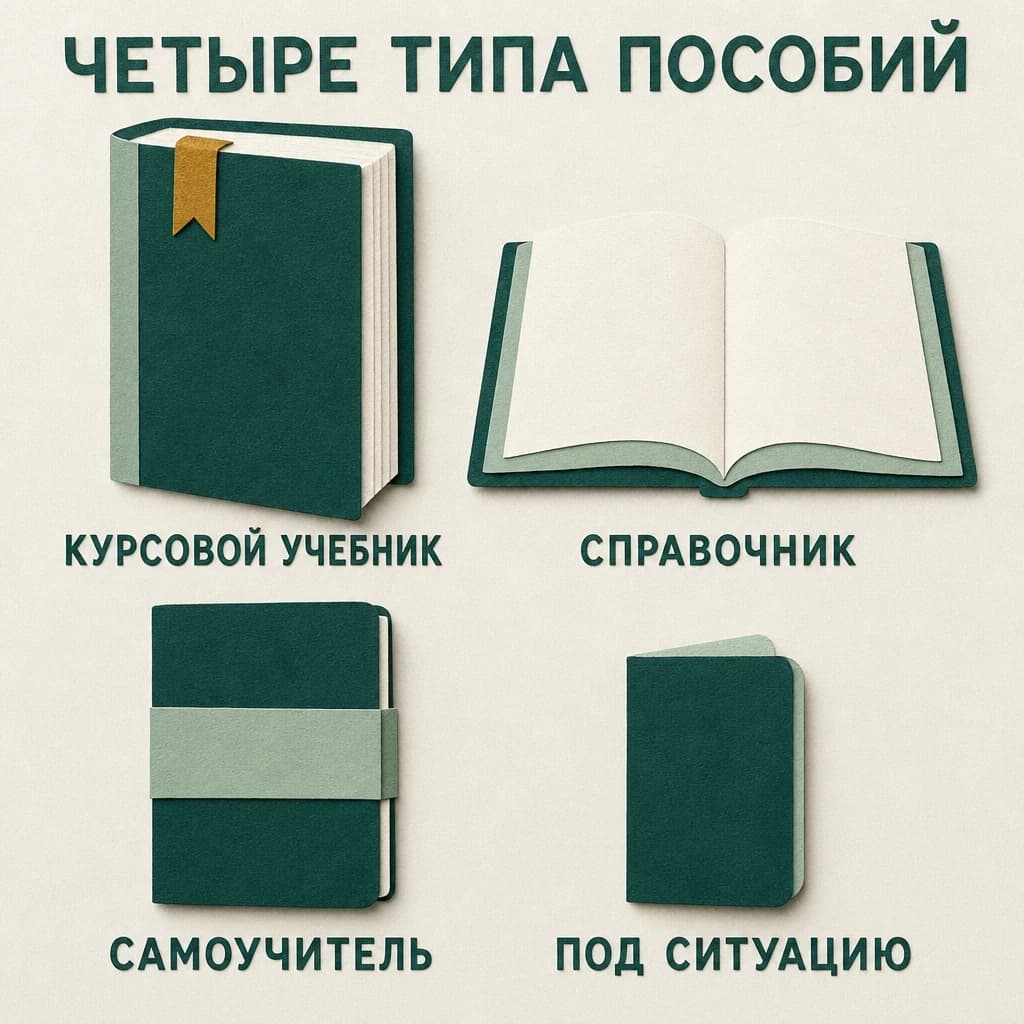 Четыре бумажные книги в сетке с подписями: курсовой учебник, справочник, самоучитель и пособие под ситуацию