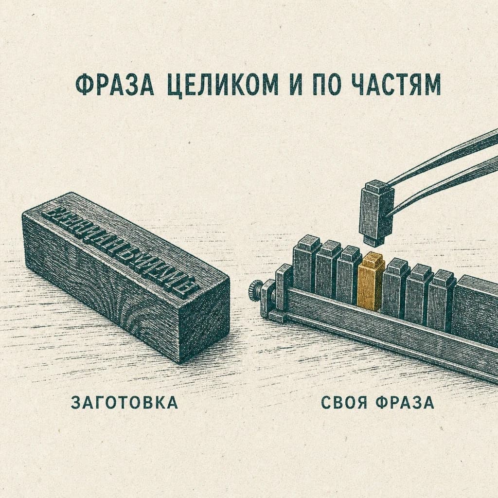 Гравюра под заголовком «ФРАЗА ЦЕЛИКОМ И ПО ЧАСТЯМ»: слева цельный деревянный печатный брусок с подписью «ЗАГОТОВКА», справа та же строка, набранная из отдельных литер в верстатке, пинцет вынимает одну литеру, а на её месте уже стоит латунная, подпись «СВОЯ ФРАЗА»