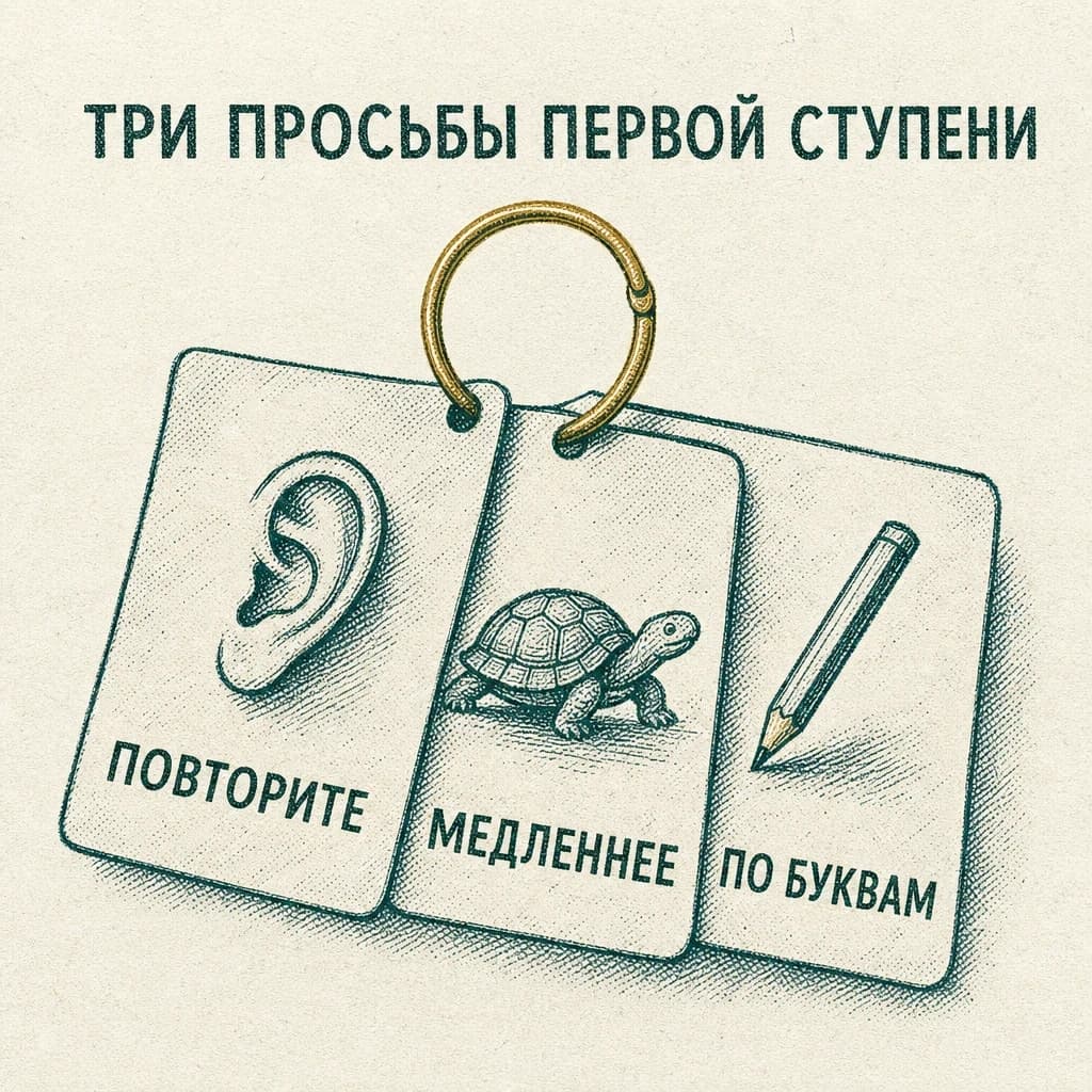 Гравюра под заголовком «ТРИ ПРОСЬБЫ ПЕРВОЙ СТУПЕНИ»: три бумажные карточки на латунном кольце — с ухом и словом «ПОВТОРИТЕ», с черепахой и словом «МЕДЛЕННЕЕ», с карандашом и словами «ПО БУКВАМ»