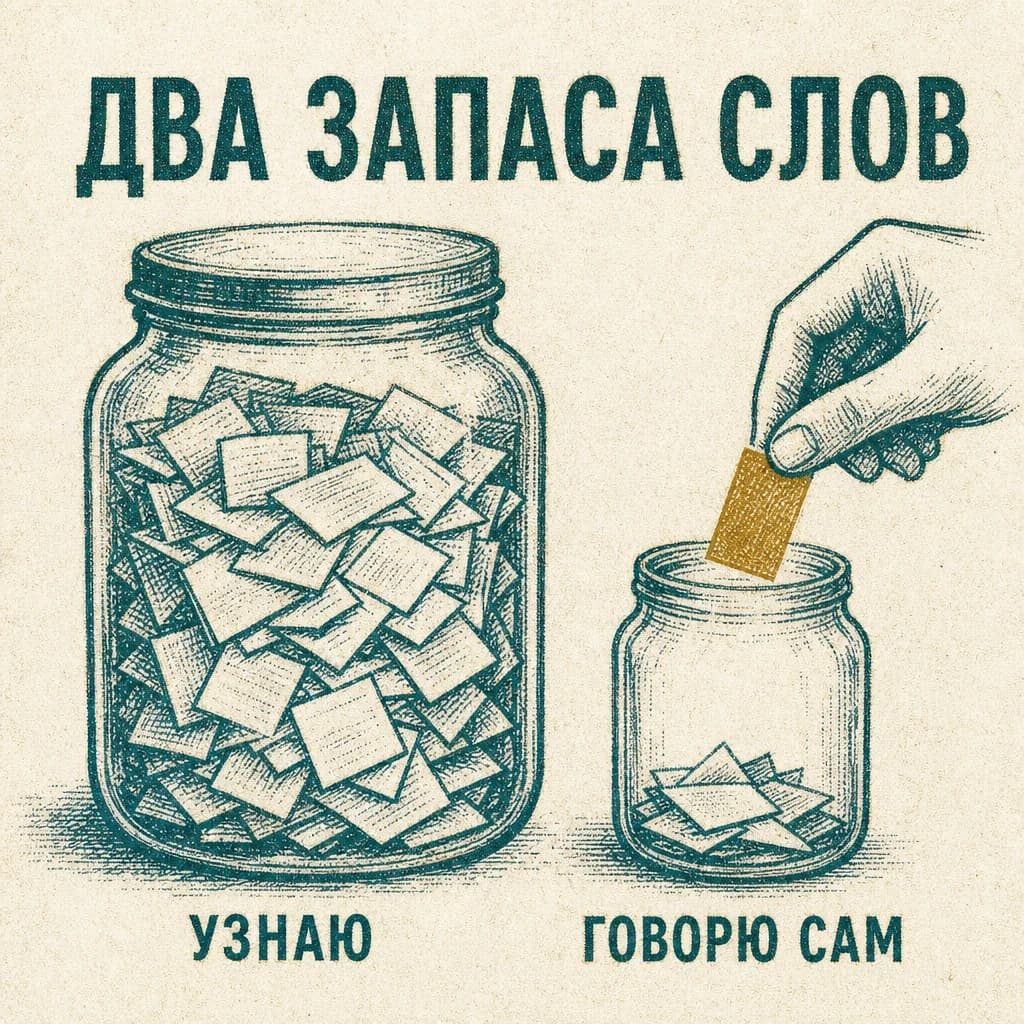 Гравюра под заголовком «ДВА ЗАПАСА СЛОВ»: большая банка, доверху набитая бумажными карточками, с подписью «УЗНАЮ», и рядом маленькая банка с горсткой карточек на дне и подписью «ГОВОРЮ САМ»; рука опускает в маленькую банку одну латунную карточку