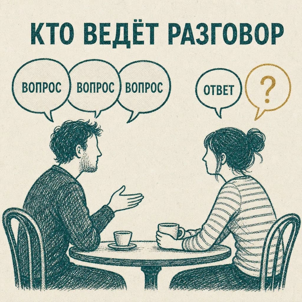 Гравюра под заголовком «КТО ВЕДЁТ РАЗГОВОР»: двое сидят друг напротив друга за столиком кафе; над мужчиной три облачка «ВОПРОС», над женщиной одно облачко «ОТВЕТ» и рядом латунное облачко с одним вопросительным знаком — вопрос, который она так и не задала